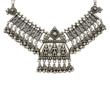Vintage Oxidized Silver Tribal Necklace with Traditional Indian Figurine Motifs and Ghungroo Bell Charms