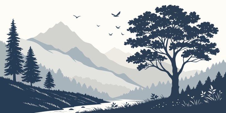 A mountain landscape with trees and a snow capped peak Vector