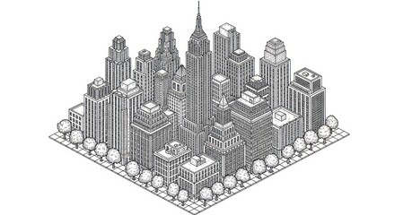 Fototapeta premium Isometric cityscape illustration featuring skyscrapers, buildings, trees, architecture, and landscape viewed from above