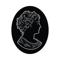 Elegant woman's profile portrait in white outline on black oval background with curly hair and crown © Momin Stock