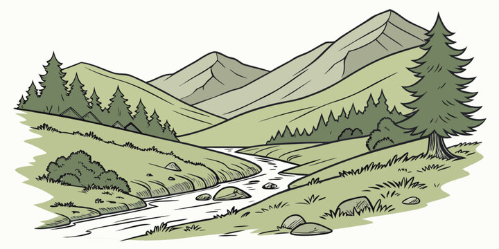 A serene mountain landscape with a river flowing through it Vector