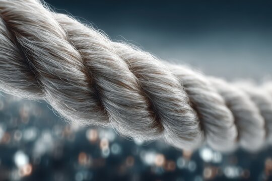 Close-up studio shot of a twisted natural rope, revealing texture and detail, against a blurred blue background with delicate light bokeh effect.