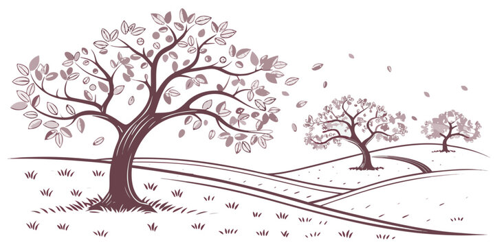 A tree with pink blossoms in an orchard Vector