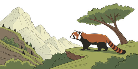 A red panda standing on a rocky outcrop Vector © Adobe 