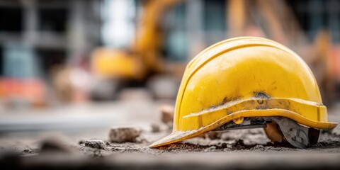 Yellow hard hat resting on the ground at a construction site with heavy machinery in the background