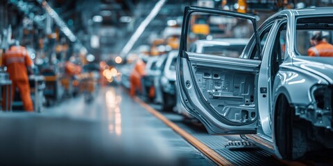 Fototapeta premium Automotive assembly line with car body and workers in a modern factory setting
