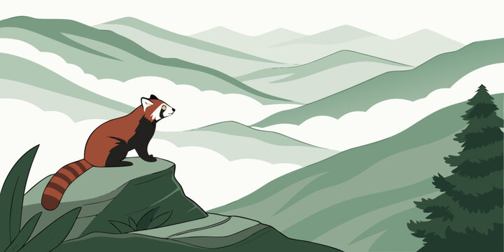 A red panda walks on a grassy hill Vector