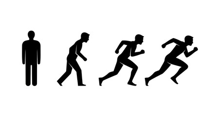 Fototapeta premium A person transitioning from standing to running, depicted in four silhouetted stages, from motionless to full sprint, showcasing human movement and action.