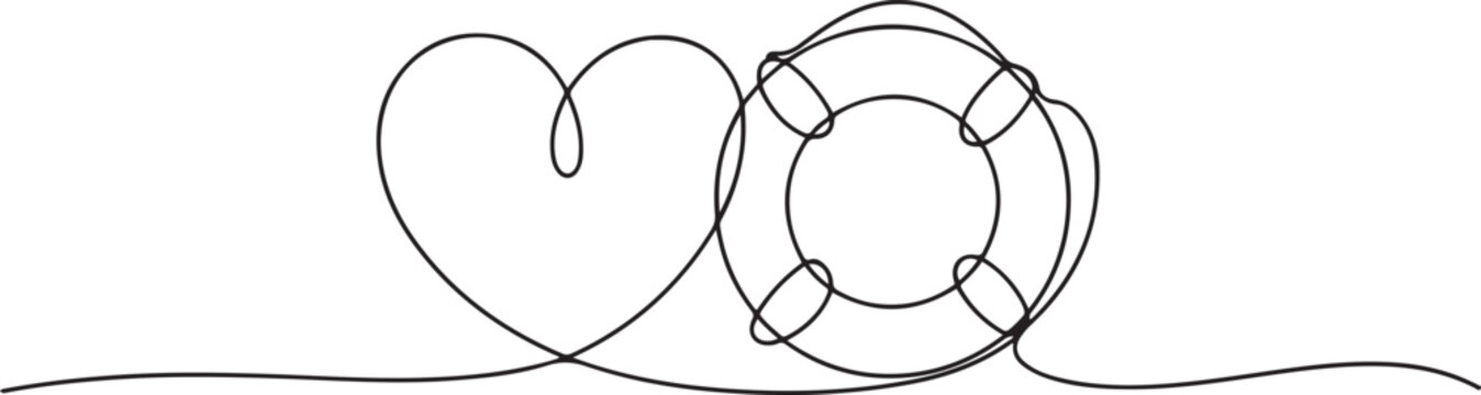 Continuous drawing of one line of an heart a lifebuoy. Business concept. Editable stroke