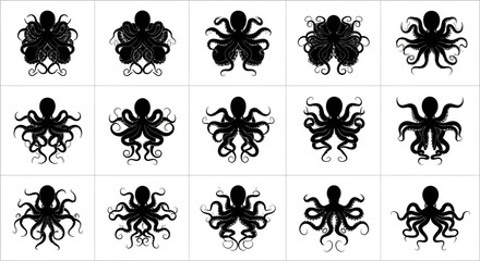Collection of various black octopus silhouettes on white background for design and artistic use © Pabitra