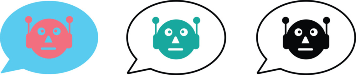 Alien head icons with different emotions in speech bubbles on transparent background