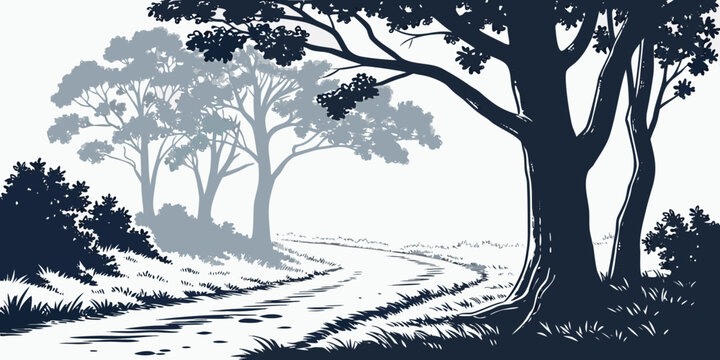 A black and white image of trees on a road Vector