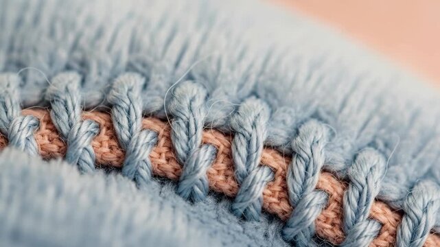Close-up of knitted fabric texture with grey and orange yarn.