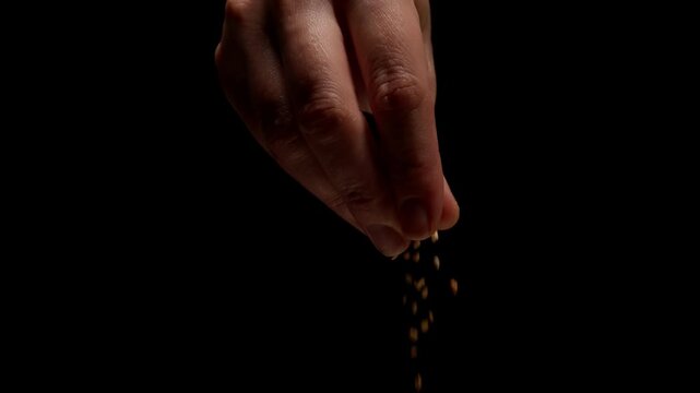 Close-up hand gently sprinkling tiny grains in slow motion against dark background, emphasizing delicate movement, minimalism, and subtle tactile interaction