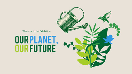 Hand drawn vintage eco-friendly collage banner with sketch elements. Vector isolated illustration. Ecology , gardening, recycling, agricultural, green, climate, farm design concept © pim