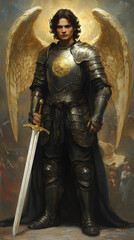 A celestial warrior, Archangel Michael, stands in shining armor, wielding a sword, his large wings spread behind him