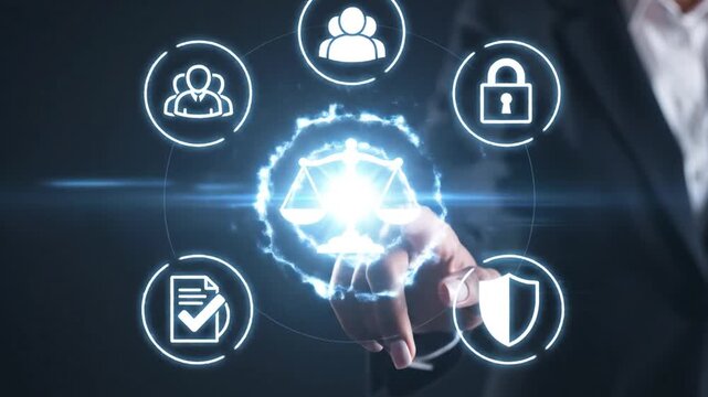 A person interacts with a digital interface displaying security and communication icons