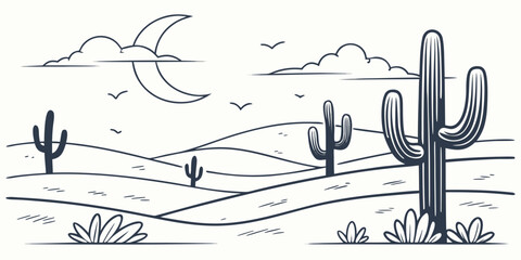 A desert landscape with cacti and a crescent moon Vector © Adobe 