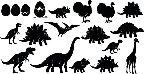 Dinosaur silhouette collection with prehistoric animals eggs and flying pterodactyl isolated vector set for paleontology education wildlife design and ancient reptile illustration © MdFojlur