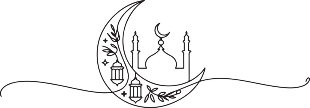 Continuous one line drawing Eid al-Fitr concept.one line vector illustration with out background