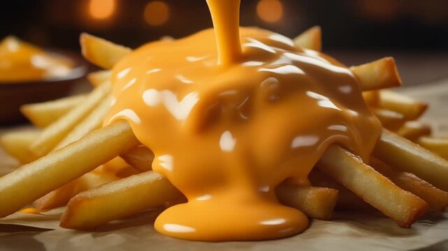 Close-up slow motion video of molten cheese sauce pouring over a pile of crispy french fries, thick cheese texture flowing naturally between fries, detailed glossy highlights, warm cinematic backlight