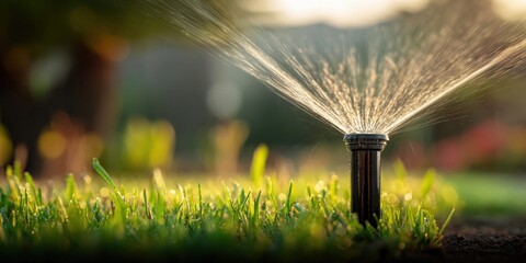 Naklejka premium Automated sprinkler system watering lush green grass with sparkling water droplets at sunrise