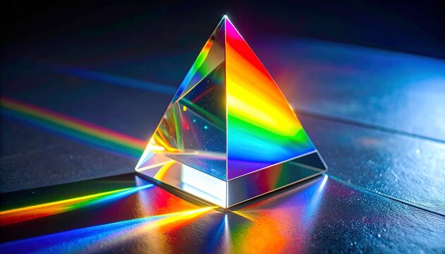Triangular Prism Scattering Light Spectrum on Dark Surface Perfect for Physics or Optics Illustrations.