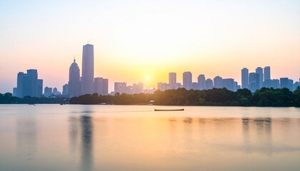 Fototapeta premium Serene Cityscape Reflection at Sunrise over Calm Lake Waters offering Tranquil Urban Living.