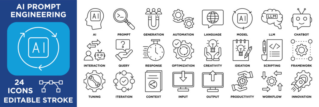 AI Prompt Engineering icon set featuring prompt engineering, ai, prompt, instruction, generation, automation, language, model. vector black