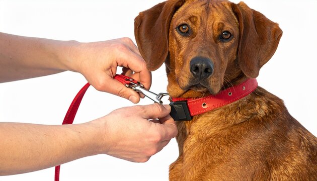 Redbone Coonhound Gets Leash Ready for Walk Companion Animal Care and Owner Preparing for Adventure.
