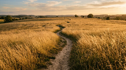 Fototapeta premium Golden wheat fields at sunset tranquil landscape nature photography serene environment panoramic view