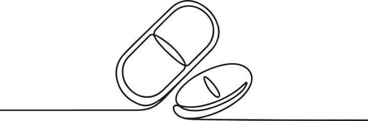 Continuous one line drawing of medical tablet and pill. Medical drugs, pharmacy , health and care line art vector illustration. Editable stroke.