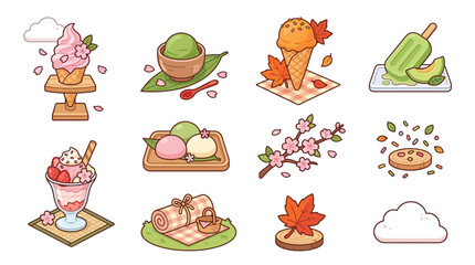 A charming collection of Japanese-inspired desserts and treats, featuring ice cream, mochi, and fruit parfaits, with seasonal autumn and spring motifs.