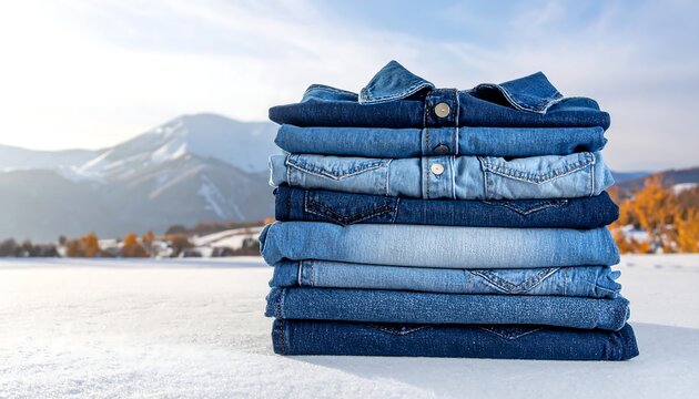 Stack of folded blue denim pants on a snowy surface, mountain landscape with trees in soft-focus background