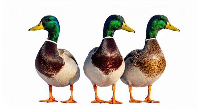 Three Mallard Ducks Standing Together on a White Background in Bright Sunlight Outdoor Bird Watching Scene.