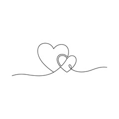 Two intertwined hearts drawn in continuous line art style minimalist design with elegant curves symbolizing love and unity on a clean white background