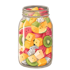 Mixed fruit salad in large mason jar watercolor painting with kiwi watermelon and mango pieces art