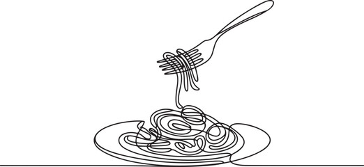 Continuous One Line Fork with Noodles on Plate   Minimalist Food Vector Illustration.one line vector illustration with out background © Hossen
