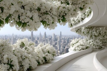 Fototapeta premium A contemporary balcony with white blossoms framing a distant city skyline, creating a serene and architectural urban garden with a modern design element.