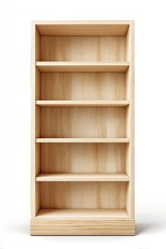 Empty wooden bookshelf with five shelves against a white background, ready for display
