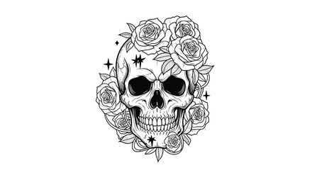 Fototapeta premium Stipple art illustration of a human skull decorated with blooming roses and stars for a dark aesthetic tattoo design.