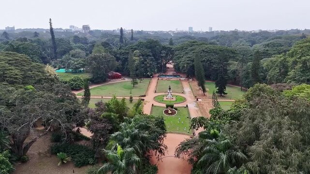 Wide drone view of Lalbagh Botanical Garden in Bengaluru showcasing lush greenery and landscape