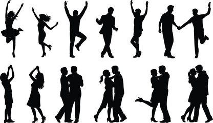 Fototapeta premium Dancing couple silhouettes collection, romantic people poses isolated on white background vector illustration set