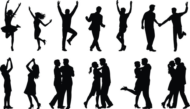 Dancing couple silhouettes collection, romantic people poses isolated on white background vector illustration set