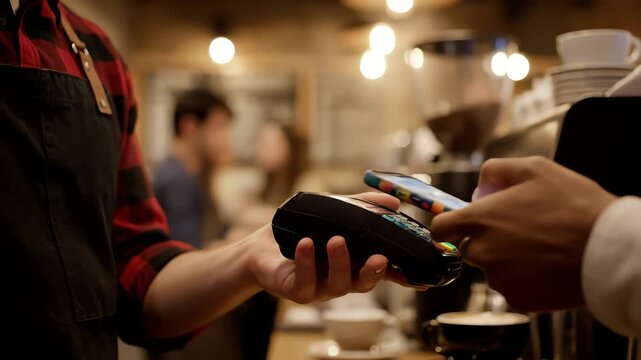 Customer Tapping Phone on Payment Terminal Held by Barista in Red and Black Plaid Shirt in Cafe with Blurred Background