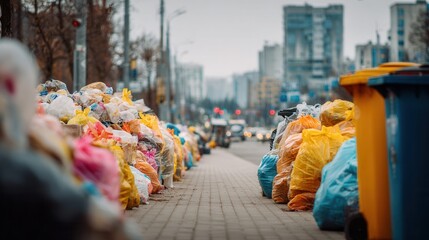 Naklejka premium Overflowing garbage bags line a city sidewalk with buildings in the background