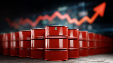 Obraz premium Rising Oil Price: Row of red oil drums set against a backdrop of an upward trending graph signifies the increasing price and demand of petroleum in the global market.