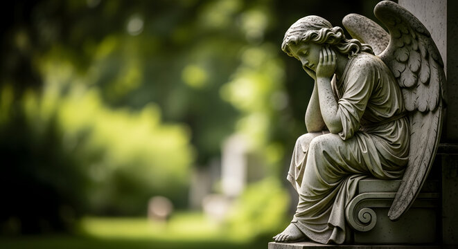 A stone angel statue sitting in contemplation in a cemetery