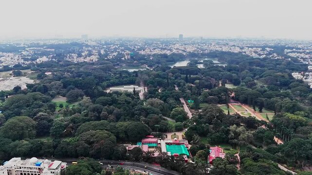 Drone view of Lalbagh Botanical Garden Bengaluru highlighting historic Glass House amidst greenery