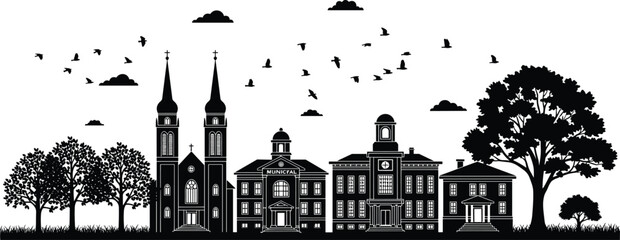 Obraz premium Vector Silhouette of a Small Town Skyline Featuring a Church with Twin Spires, Municipal Buildings, Trees, Grass, and Birds Flying in the Sky.